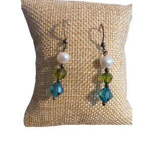Vintage Sterling Silver Dangle Earrings Pearl Blue Green Crystal Beads Estate